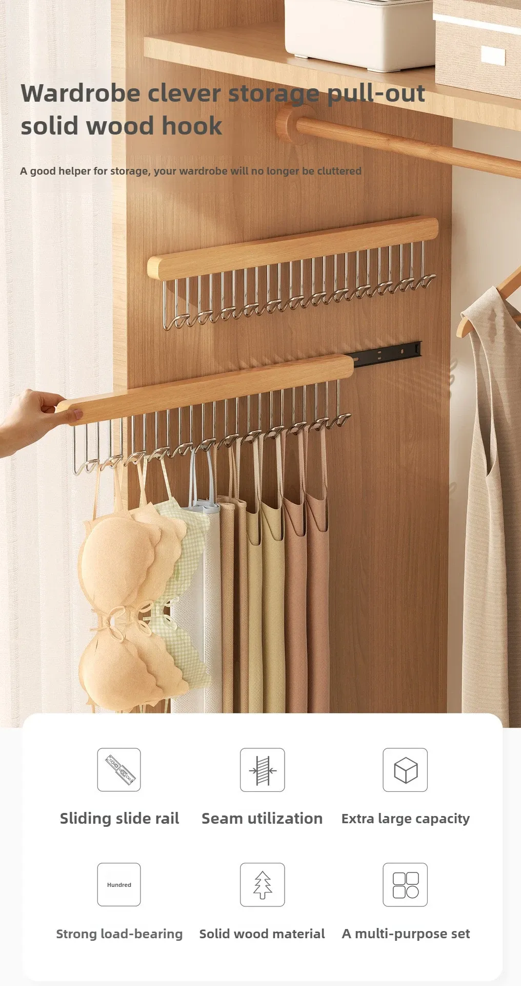 Porte-vêtements rétractable en bois, vue d'ensemble