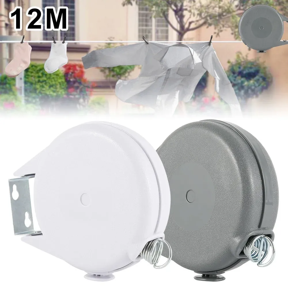 Corde à linge rétractable 12 m en PVC robuste pour intérieur et extérieur, avec fixation murale