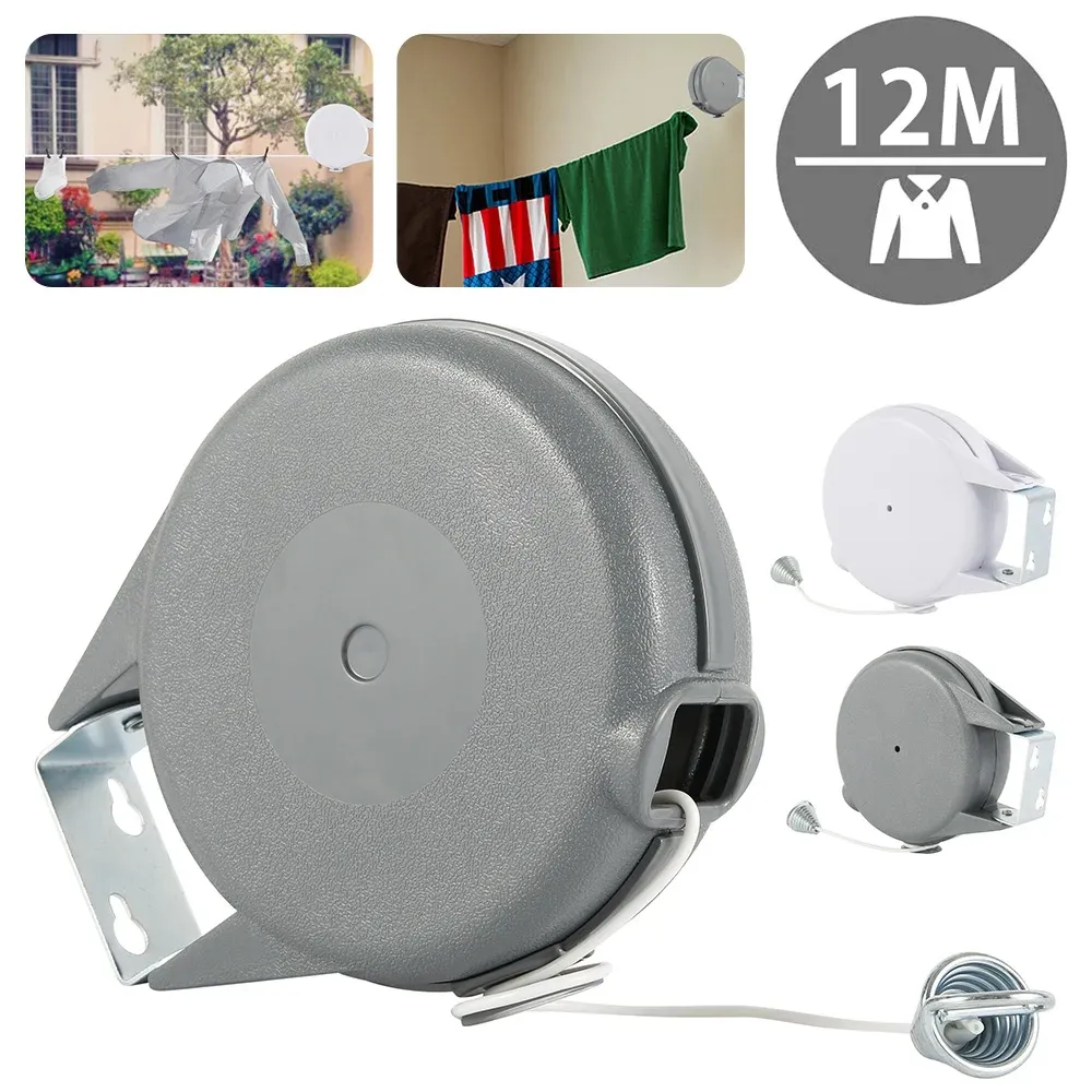 Corde à linge rétractable 12 m en PVC robuste pour intérieur et extérieur, avec fixation murale 2