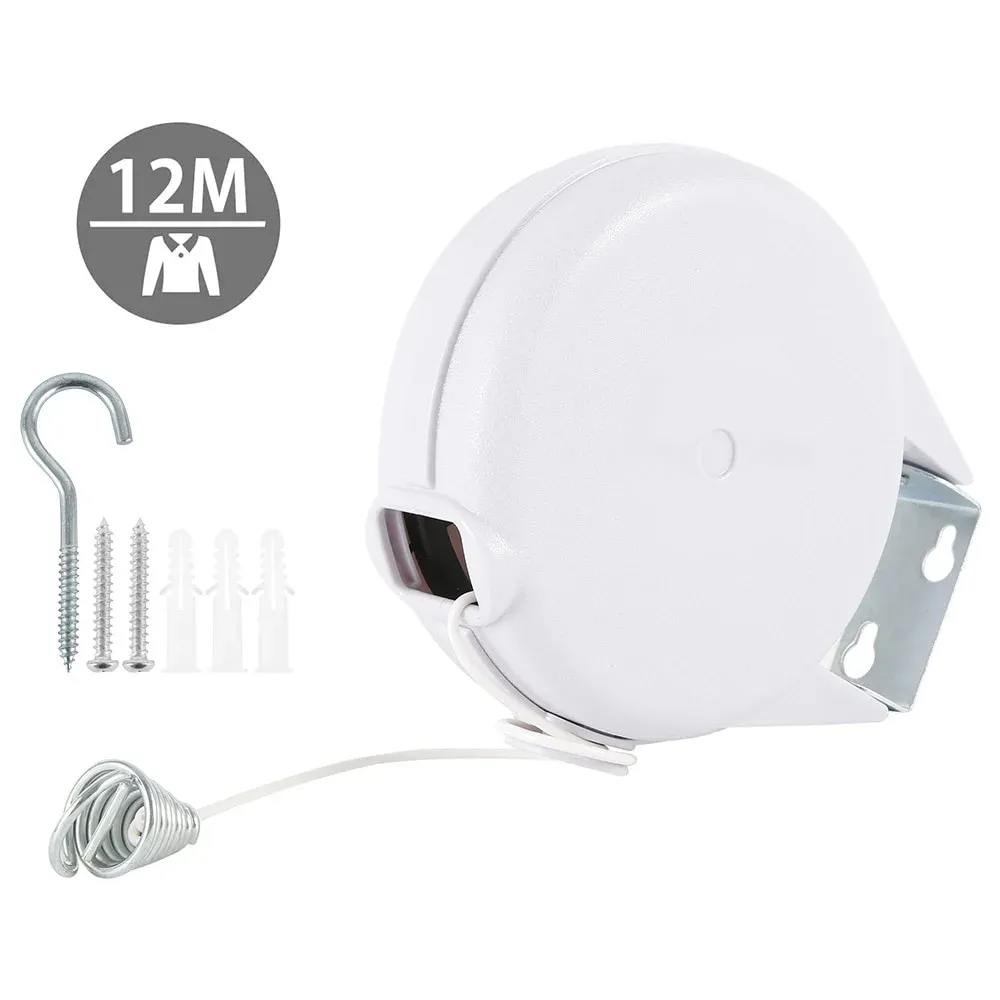 Corde à linge rétractable 12 m en PVC robuste pour intérieur et extérieur, avec fixation murale 5