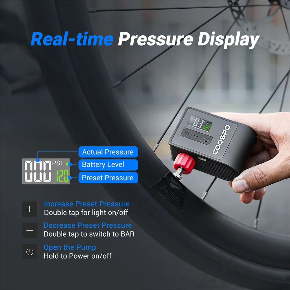 Pompe à air électrique mini numérique portable COOSPO 120 PSI 500 mAh pour vélo, compatible valves Schrader et Presta 3