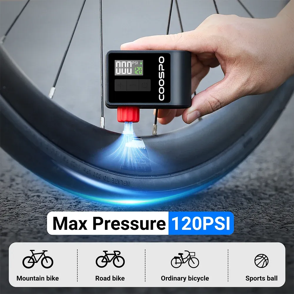 Pompe à air électrique mini numérique portable COOSPO 120 PSI 500 mAh pour vélo, compatible valves Schrader et Presta 2