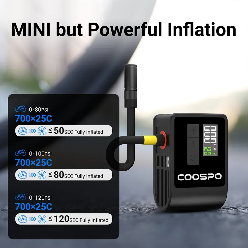 Pompe à air électrique mini numérique portable COOSPO 120 PSI 500 mAh pour vélo, compatible valves Schrader et Presta 4