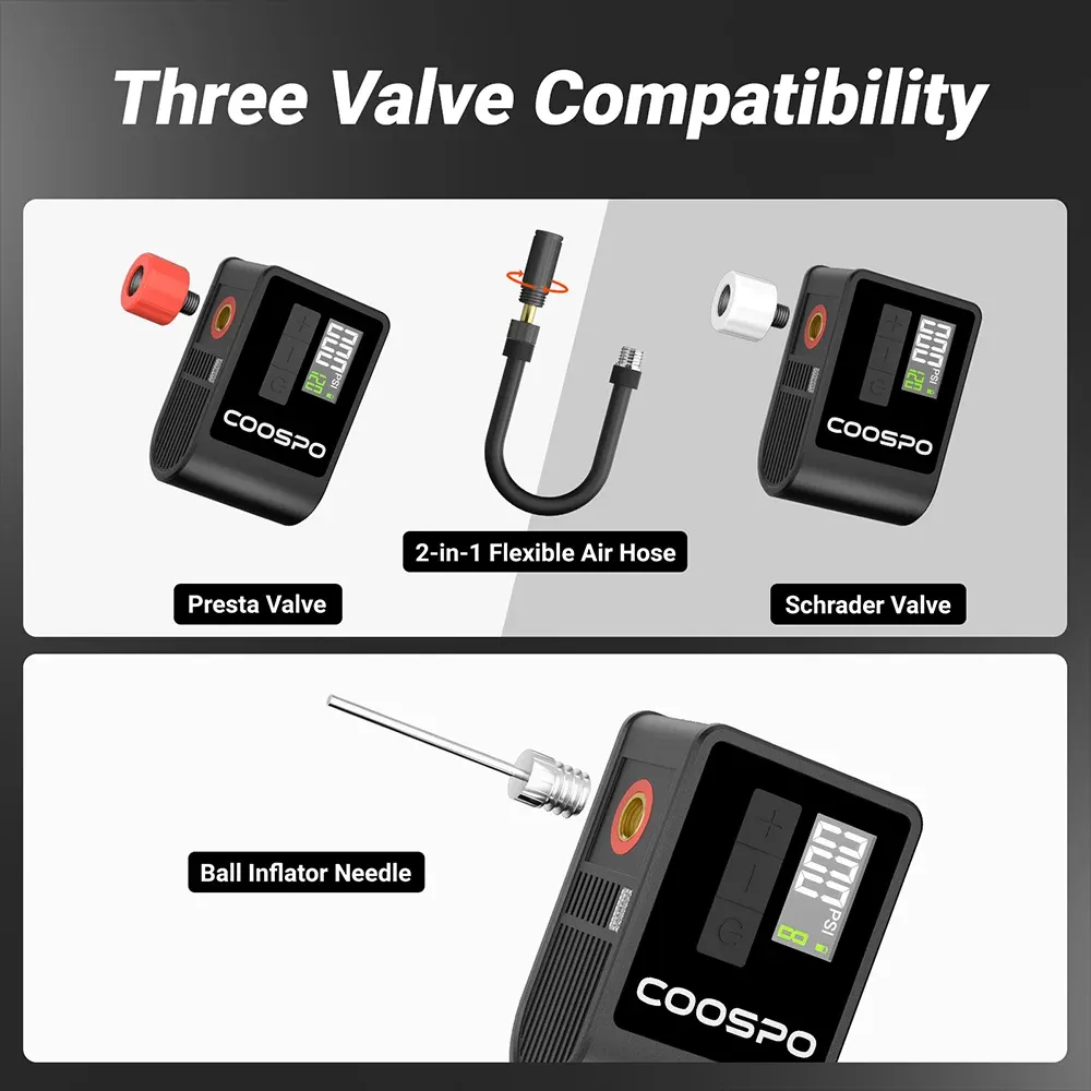 Pompe à air électrique mini numérique portable COOSPO 120 PSI 500 mAh pour vélo, compatible valves Schrader et Presta 6