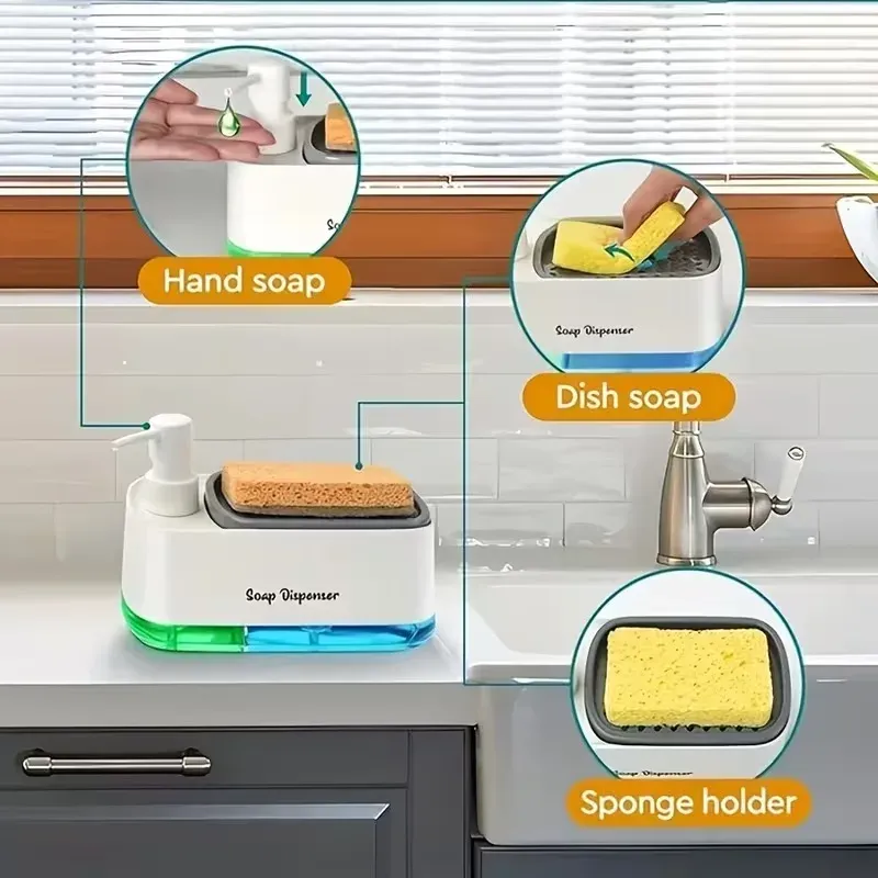 Ensemble d'organisateurs pour évier de cuisine 3-en-1 : distributeur de savon à double pompe et porte-éponge, rangement de nettoyage gain de place pour plan de travail 3