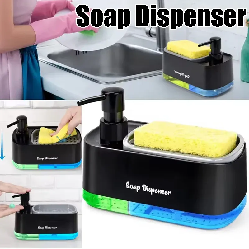 Ensemble d'organisateurs pour évier de cuisine 3-en-1 : distributeur de savon à double pompe et porte-éponge, rangement de nettoyage gain de place pour plan de travail - Image 1