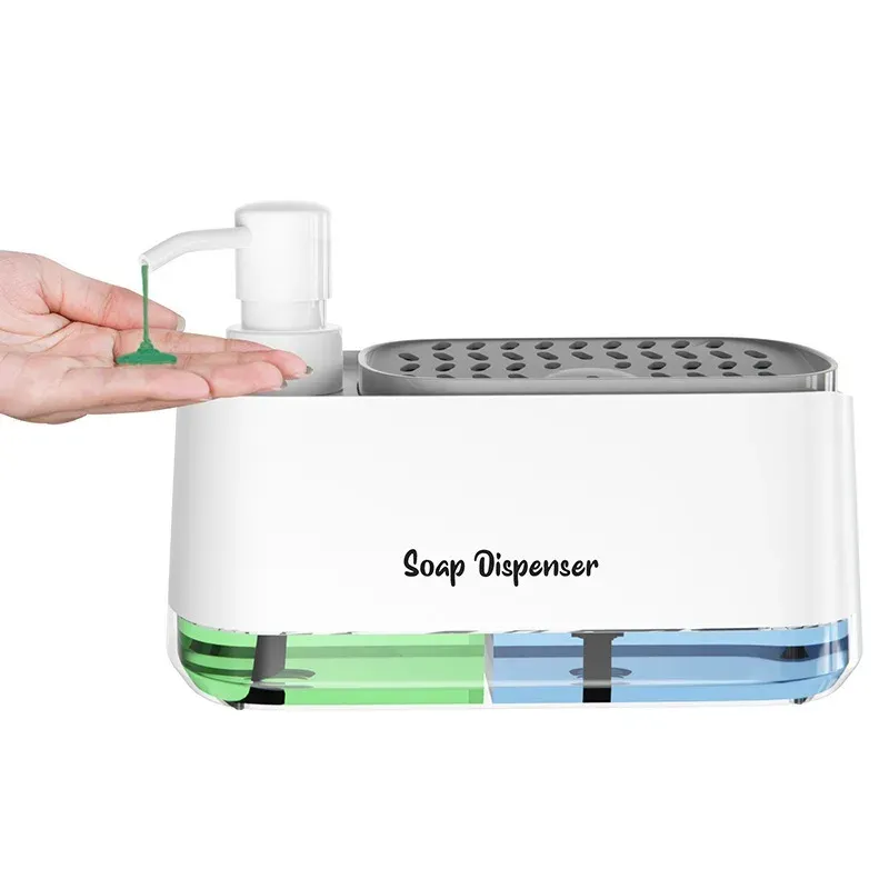 Ensemble d'organisateurs pour évier de cuisine 3-en-1 : distributeur de savon à double pompe et porte-éponge, rangement de nettoyage gain de place pour plan de travail 7
