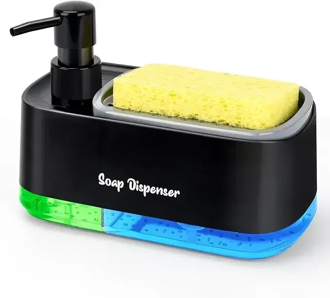Ensemble d'organisateurs pour évier de cuisine 3-en-1 : distributeur de savon à double pompe et porte-éponge, rangement de nettoyage gain de place pour plan de travail 9