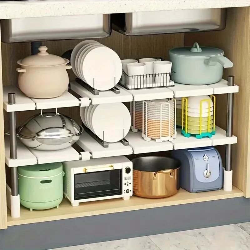 Étagère de rangement réglable et extensible pour sous-évier, organisateur de placard multi-niveaux, support de casseroles compact pour cuisine et salle de bain 5