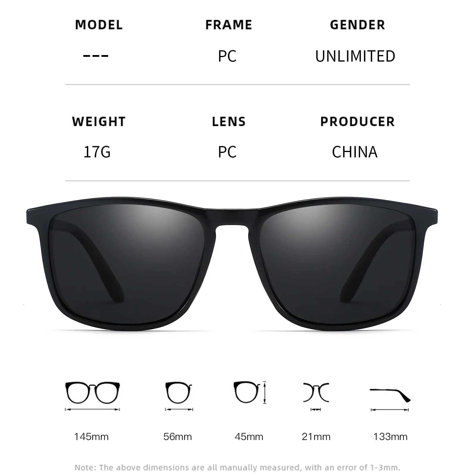Lunettes de soleil carrées polarisées, vue de face