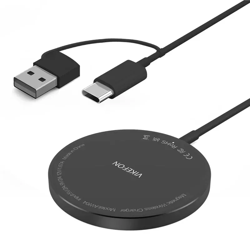 Chargeur sans fil magnétique à double port USB vu de face