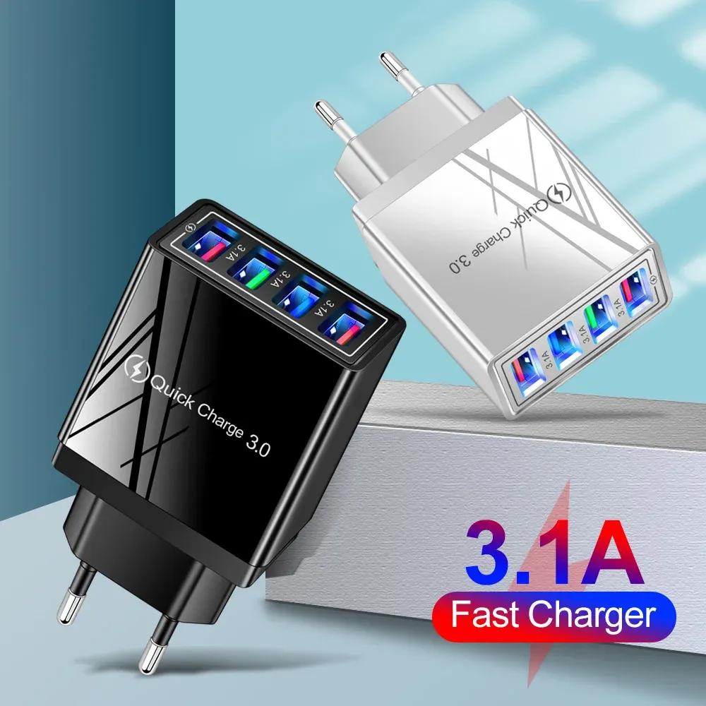 Adaptateur secteur UE/US 3 A à 4 ports USB, charge rapide 3.0, chargeur mural portable pour téléphone et tablette, compatible Poco - Image 1