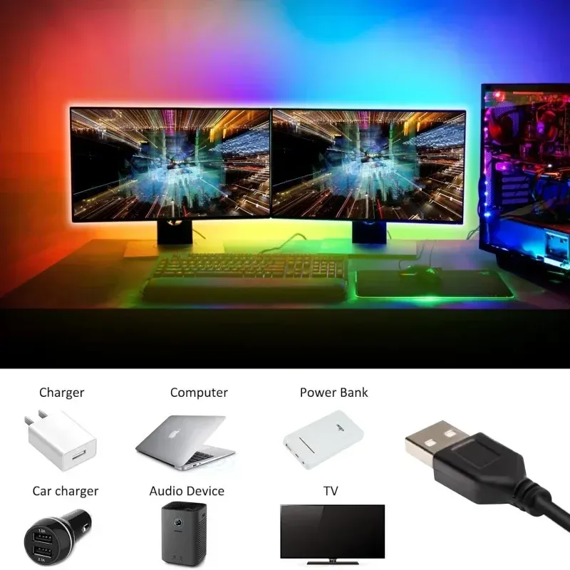 Bande lumineuse LED RGB 5050 5V avec télécommande infrarouge et alimentation USB, ruban flexible pour festivals, fêtes, téléviseur, bureau et chambre à coucher 5