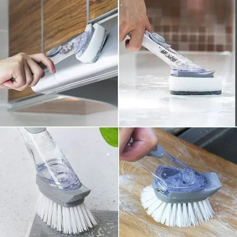 Brosse de nettoyage rechargeable à distributeur de liquide, à long manche, pour récurer les bols et la vaisselle de cuisine avec éponge intégrée 3