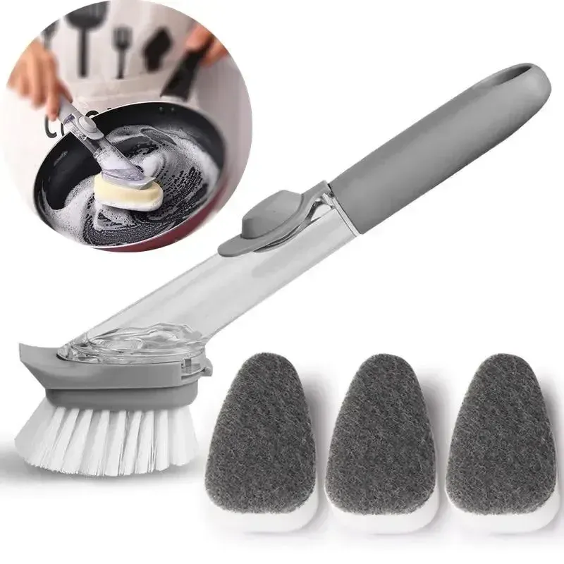 Brosse de nettoyage rechargeable à distributeur de liquide, à long manche, pour récurer les bols et la vaisselle de cuisine avec éponge intégrée - Image 1