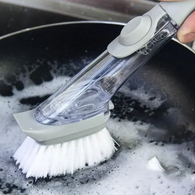 Brosse de nettoyage rechargeable à distributeur de liquide, à long manche, pour récurer les bols et la vaisselle de cuisine avec éponge intégrée 2