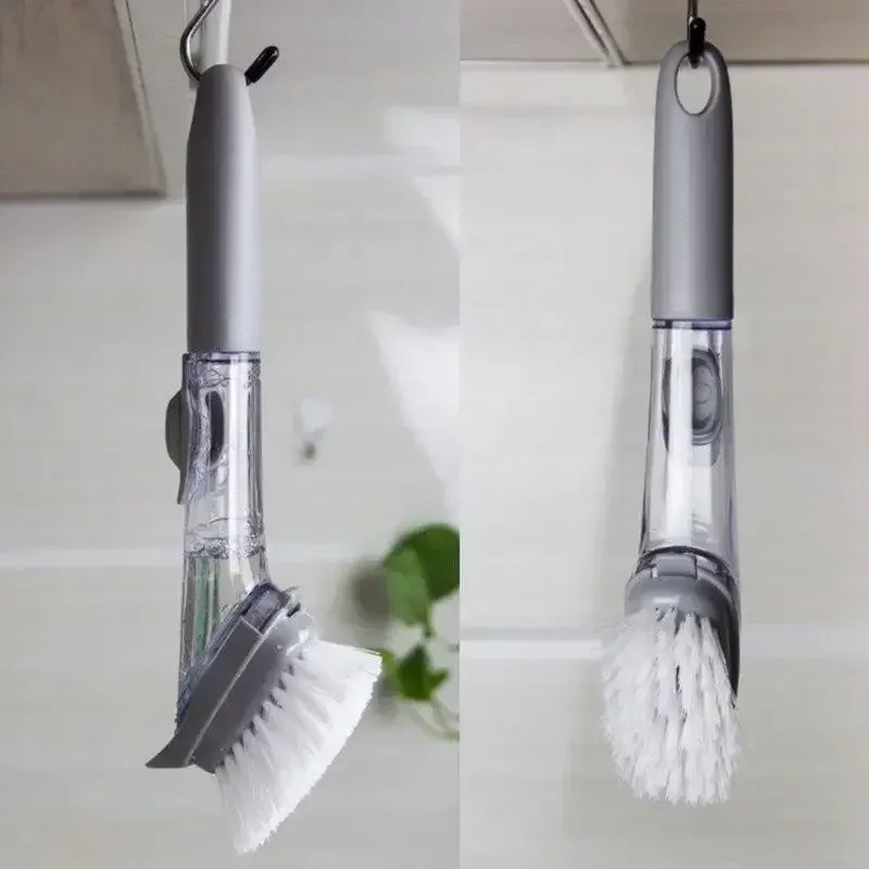 Brosse de nettoyage rechargeable à distributeur de liquide, à long manche, pour récurer les bols et la vaisselle de cuisine avec éponge intégrée 4