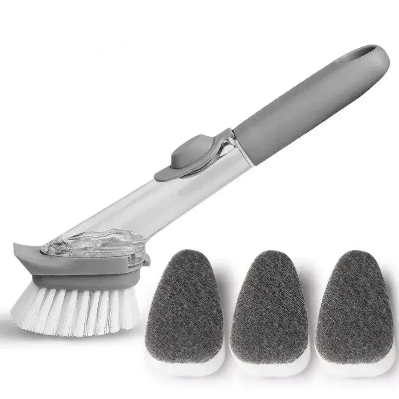 Brosse de nettoyage rechargeable à distributeur de liquide, à long manche, pour récurer les bols et la vaisselle de cuisine avec éponge intégrée 5