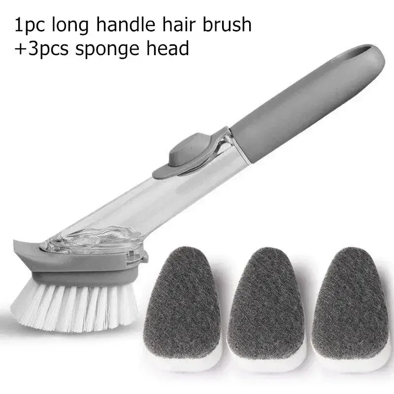 Brosse de nettoyage rechargeable à distributeur de liquide, à long manche, pour récurer les bols et la vaisselle de cuisine avec éponge intégrée 8