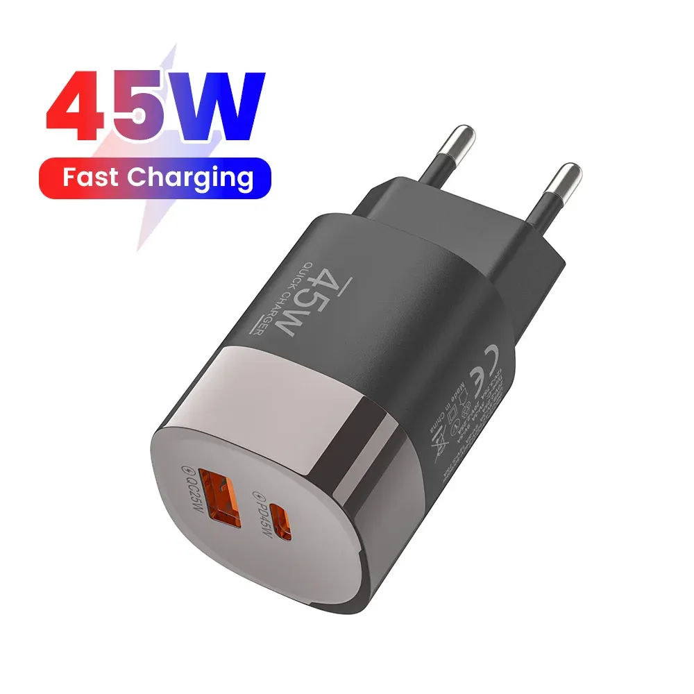 Chargeur mural USB-C double port 45 W à charge rapide (QC / PD 3.0), adaptateur de voyage avec prises EU, US et UK