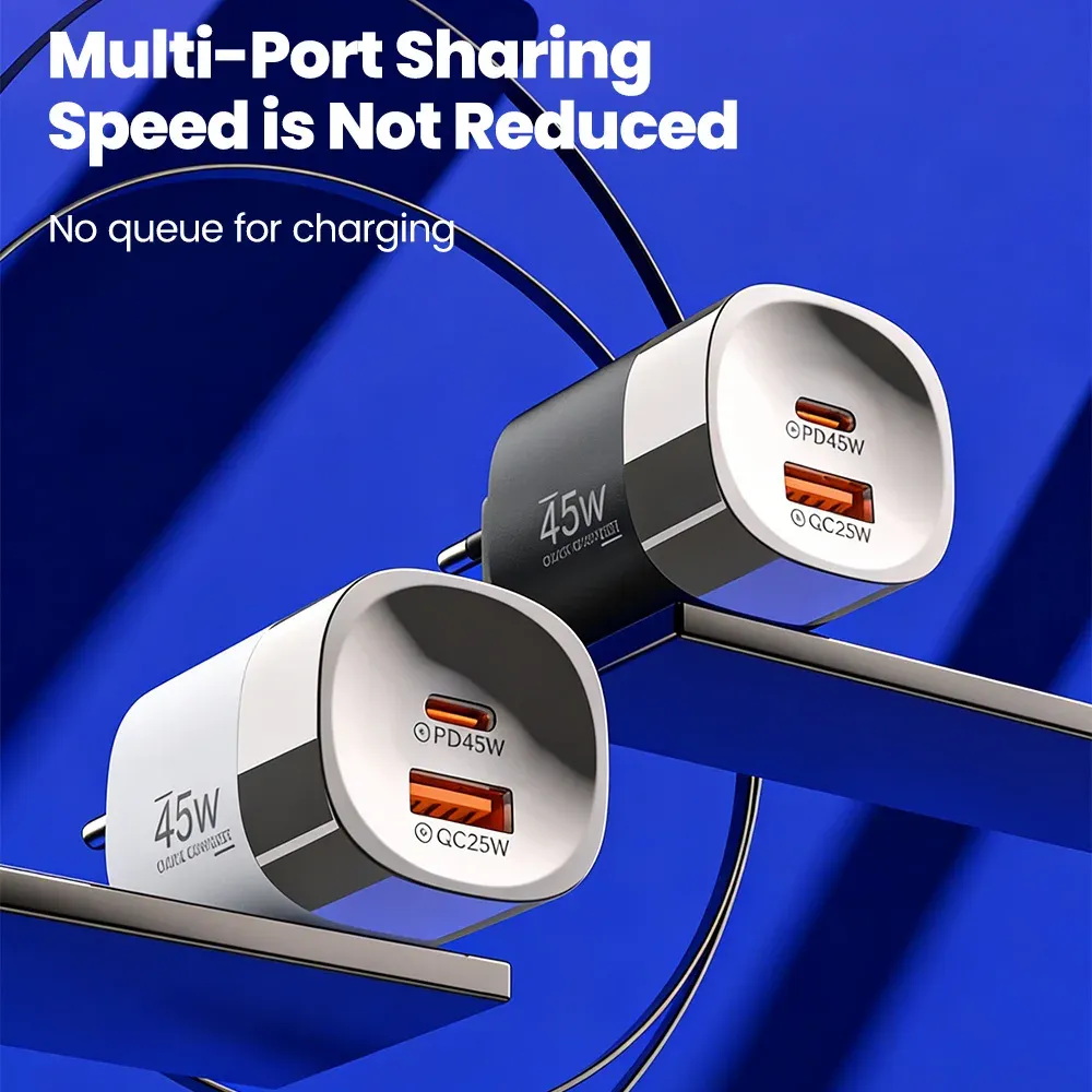 Chargeur mural USB-C double port 45 W à charge rapide (QC / PD 3.0), adaptateur de voyage avec prises EU, US et UK 3