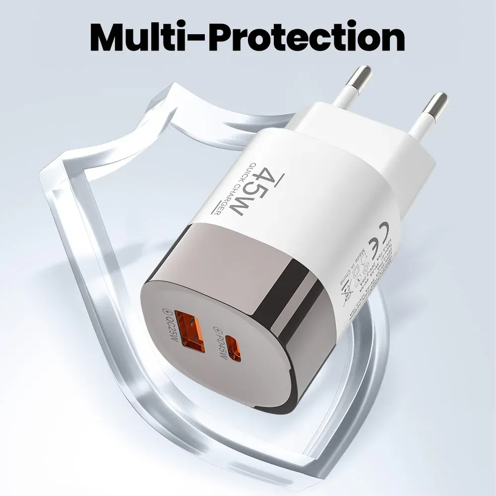 Chargeur mural USB-C double port 45 W à charge rapide (QC / PD 3.0), adaptateur de voyage avec prises EU, US et UK 6