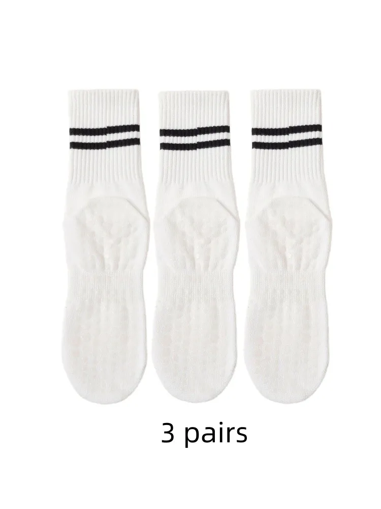 Lot de 3 paires de chaussettes de yoga mi-mollet en pur coton, avec picots antidérapants en silicone, pour le fitness en intérieur et le Pilates, chaussettes de sport pour femme. 3