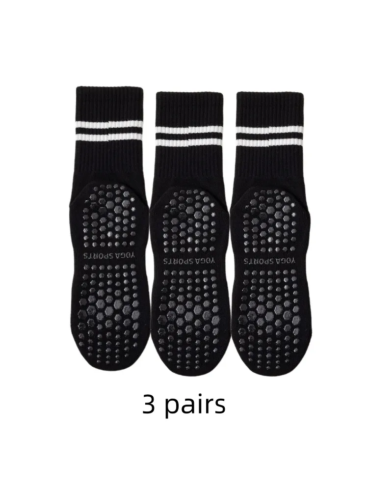 Lot de 3 paires de chaussettes de yoga mi-mollet en pur coton, avec picots antidérapants en silicone, pour le fitness en intérieur et le Pilates, chaussettes de sport pour femme. 2