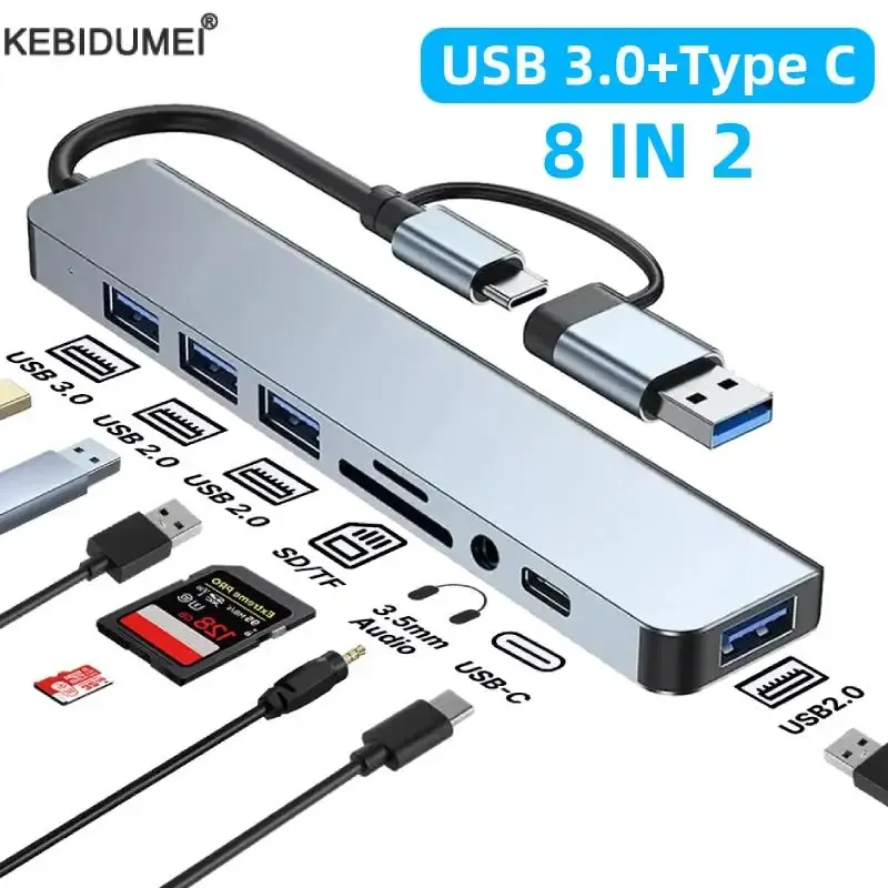 Adaptateur USB-C 3.0 multiport pour MacBook Pro : station d'accueil avec ports USB 2.0, lecteur de cartes SD/TF et sortie audio