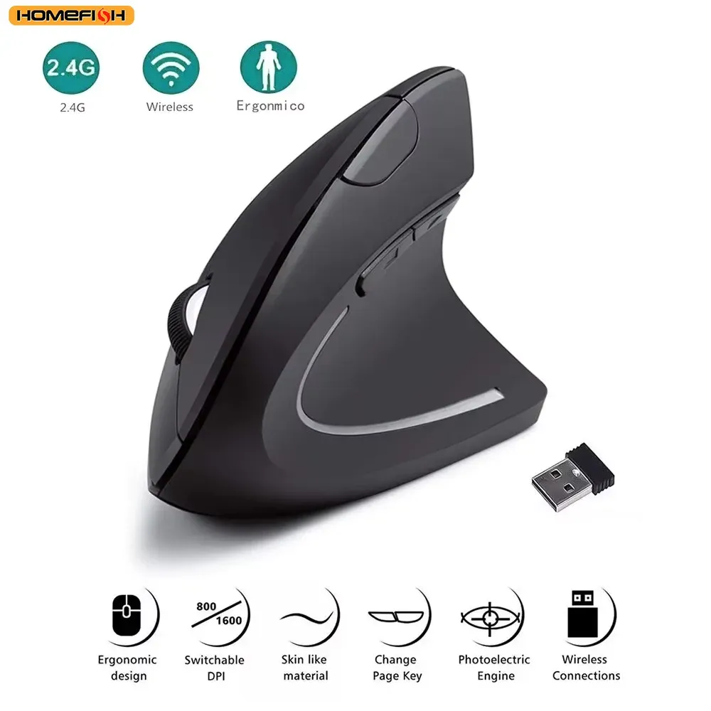 Souris verticale ergonomique HOMEFISH sans fil 2,4 GHz, optique, 3 DPI réglables (800/1200/1600), 6 boutons, pour ordinateur portable et PC - Image 1