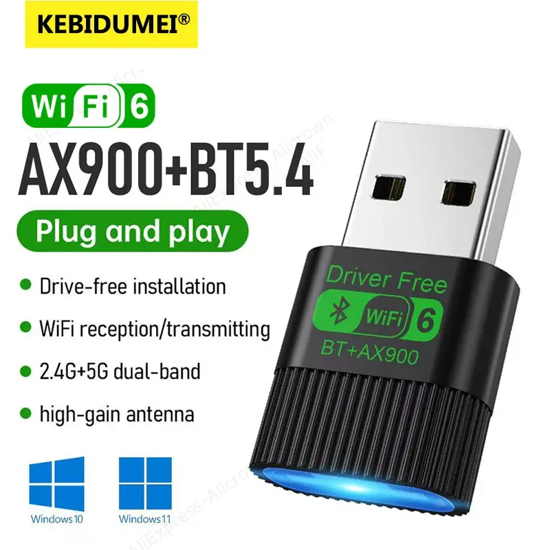 KEBIDUMEI Adaptateur WiFi 6 USB 2-en-1 AX900, Bluetooth 5.4, double bande 2,4/5 GHz, 900 Mbps, compatible Windows 10/11