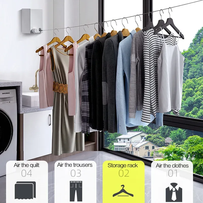 Gros plan sur la corde à linge rétractable en acier inoxydable