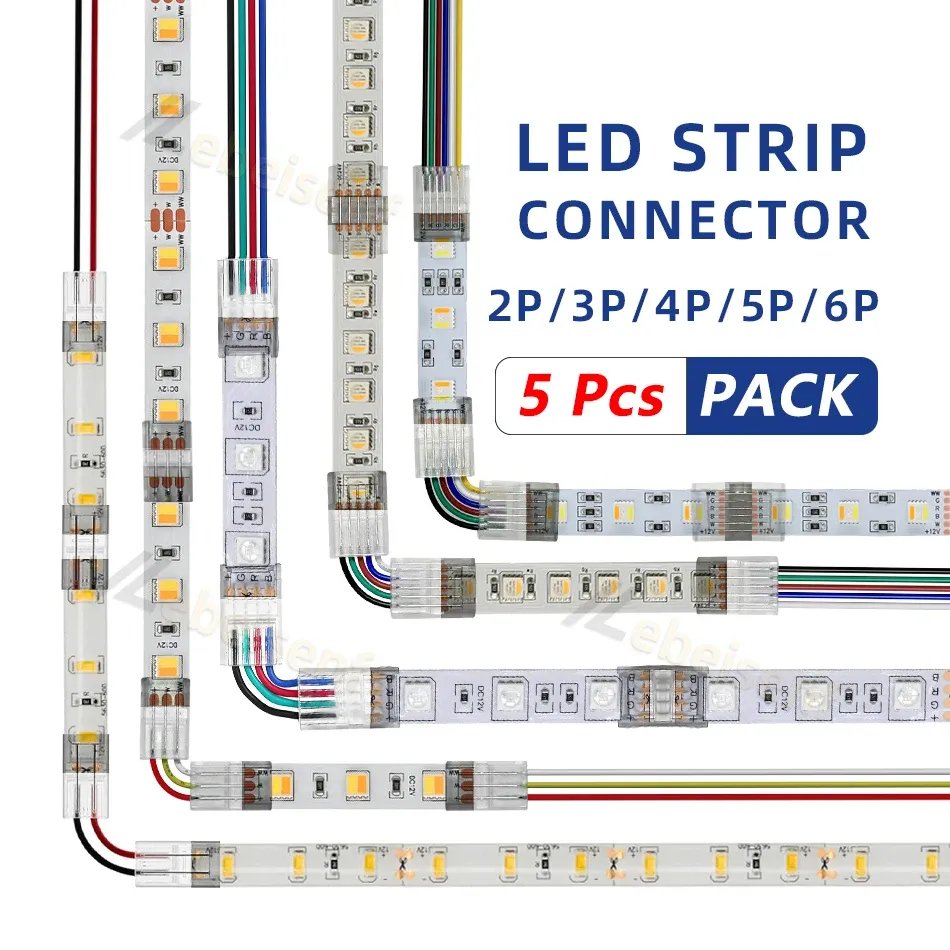 Connecteur 2 à 6 broches pour bandes LED IP20 et IP65 (5050, 3528, 2835), largeur 8 mm, 10 mm et 12 mm, avec bride de fixation pour raccordement rapide au câble - Image 1