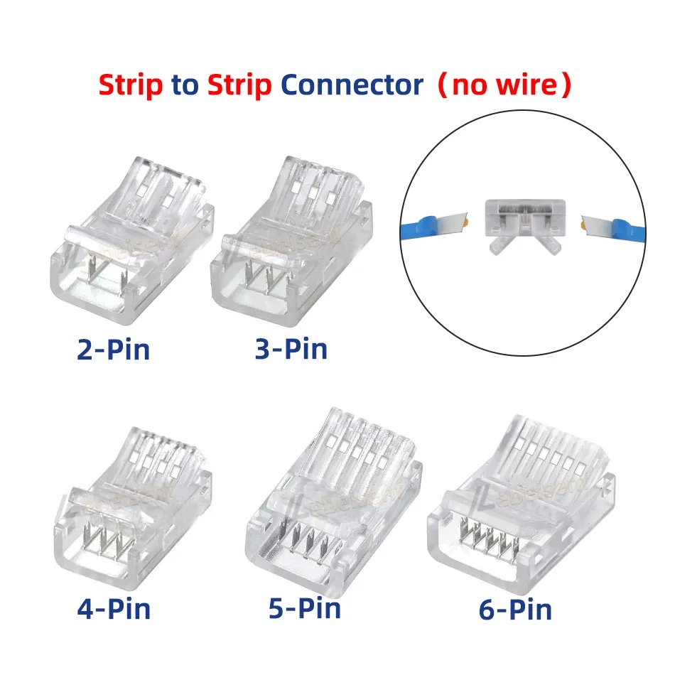 Connecteur 2 à 6 broches pour bandes LED IP20 et IP65 (5050, 3528, 2835), largeur 8 mm, 10 mm et 12 mm, avec bride de fixation pour raccordement rapide au câble 3