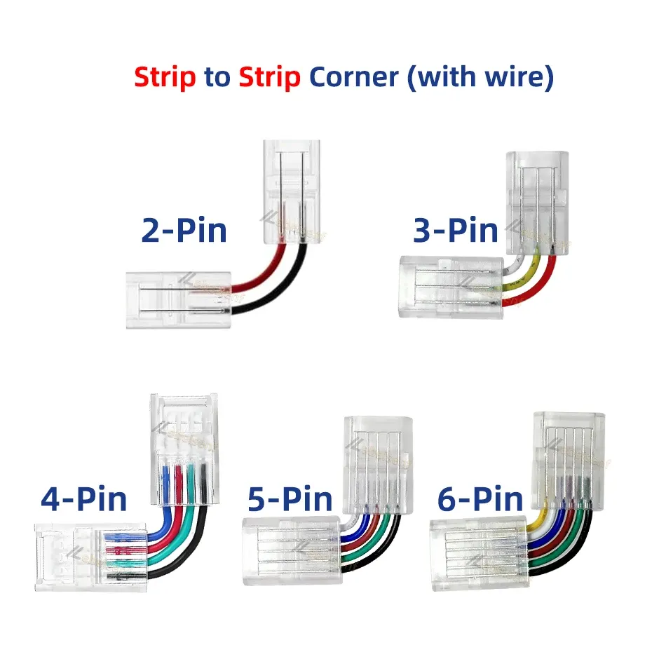Connecteur 2 à 6 broches pour bandes LED IP20 et IP65 (5050, 3528, 2835), largeur 8 mm, 10 mm et 12 mm, avec bride de fixation pour raccordement rapide au câble 5