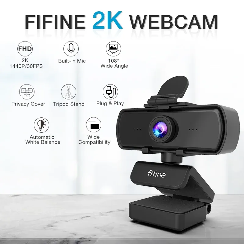 Webcam PC FIFINE 1440p Full HD avec microphone, trépied, pour ordinateur de bureau et portable, webcam pour diffusion en direct et visioconférence - K420 2