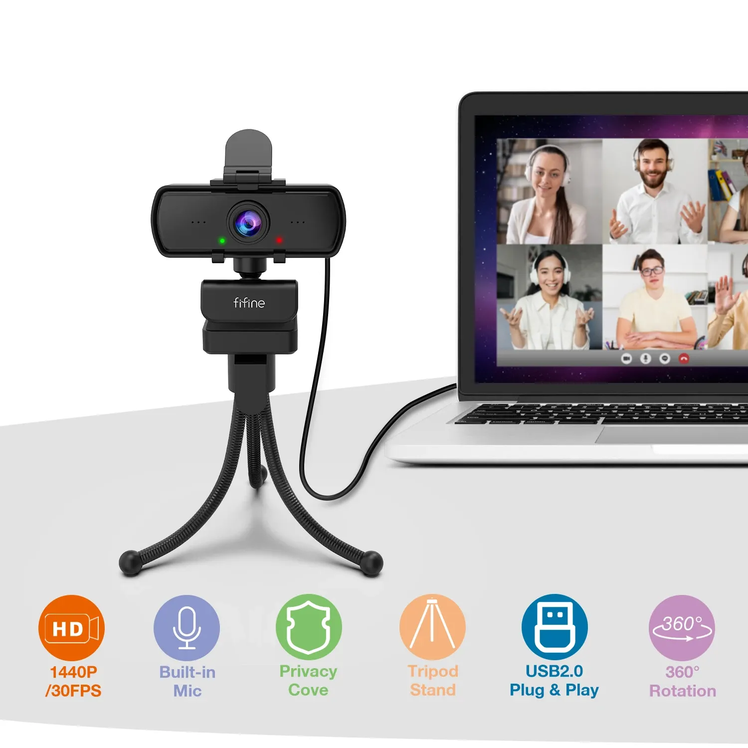 Webcam PC FIFINE 1440p Full HD avec microphone, trépied, pour ordinateur de bureau et portable, webcam pour diffusion en direct et visioconférence - K420 4