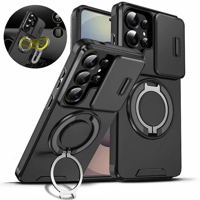 Coque de protection pour Samsung Galaxy S26 Ultra 5G avec cache coulissant pour appareil photo, support magnétique pour voiture et anneau métallique - Image 1