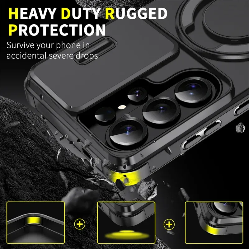 Coque de protection pour Samsung Galaxy S26 Ultra 5G avec cache coulissant pour appareil photo, support magnétique pour voiture et anneau métallique 4
