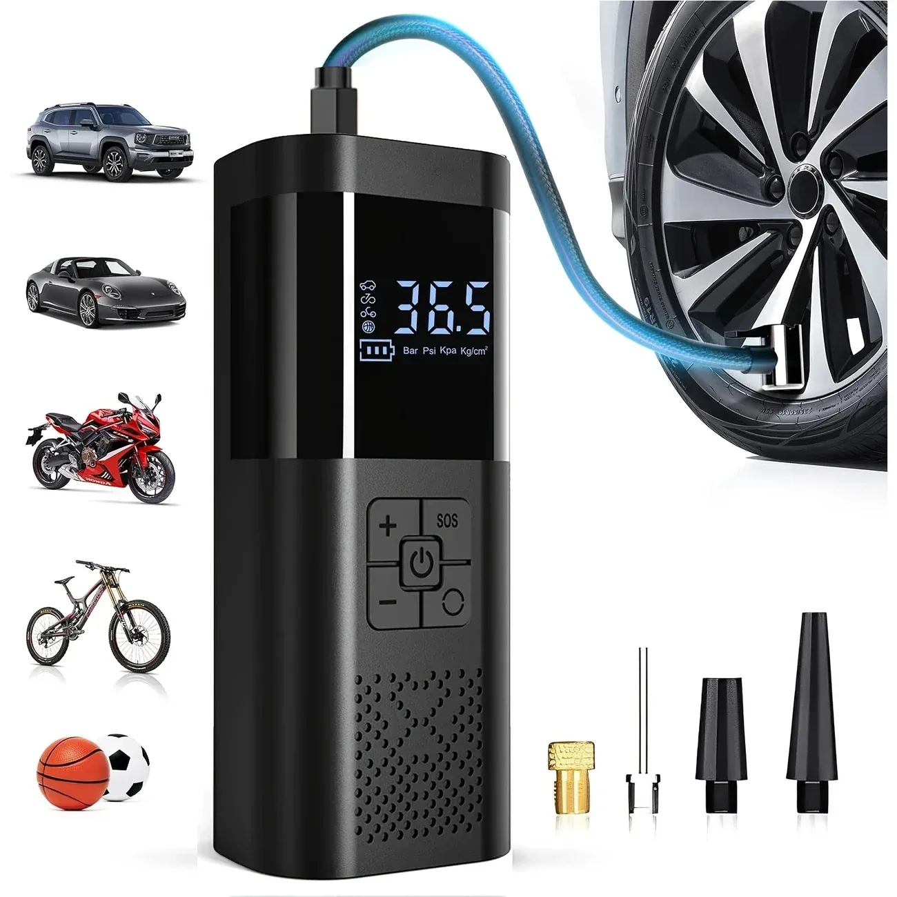 Compresseur d'air portable sans fil 150 PSI avec manomètre numérique, gonfleur de pneus pour voiture, moto et vélo 1