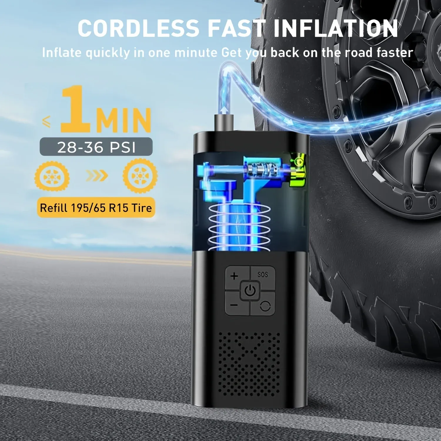 Compresseur d'air portable sans fil 150 PSI avec manomètre numérique, gonfleur de pneus pour voiture, moto et vélo 2