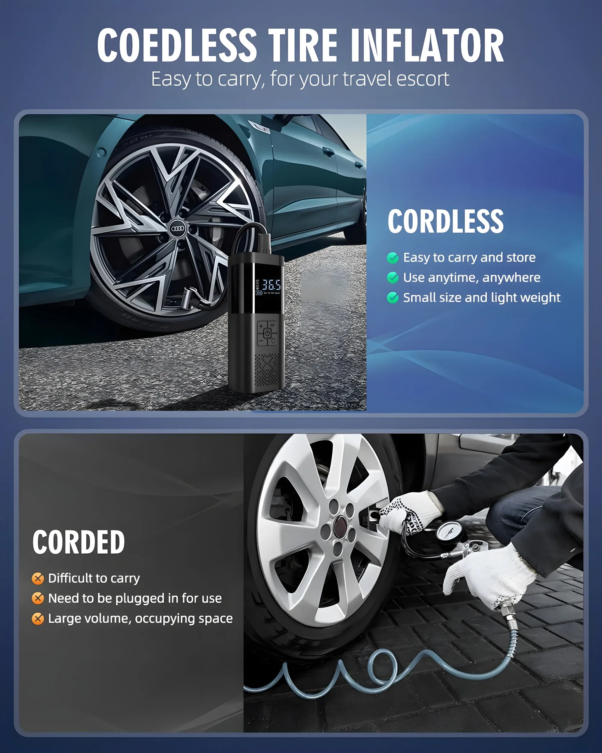 Compresseur d'air portable sans fil 150 PSI avec manomètre numérique, gonfleur de pneus pour voiture, moto et vélo 3