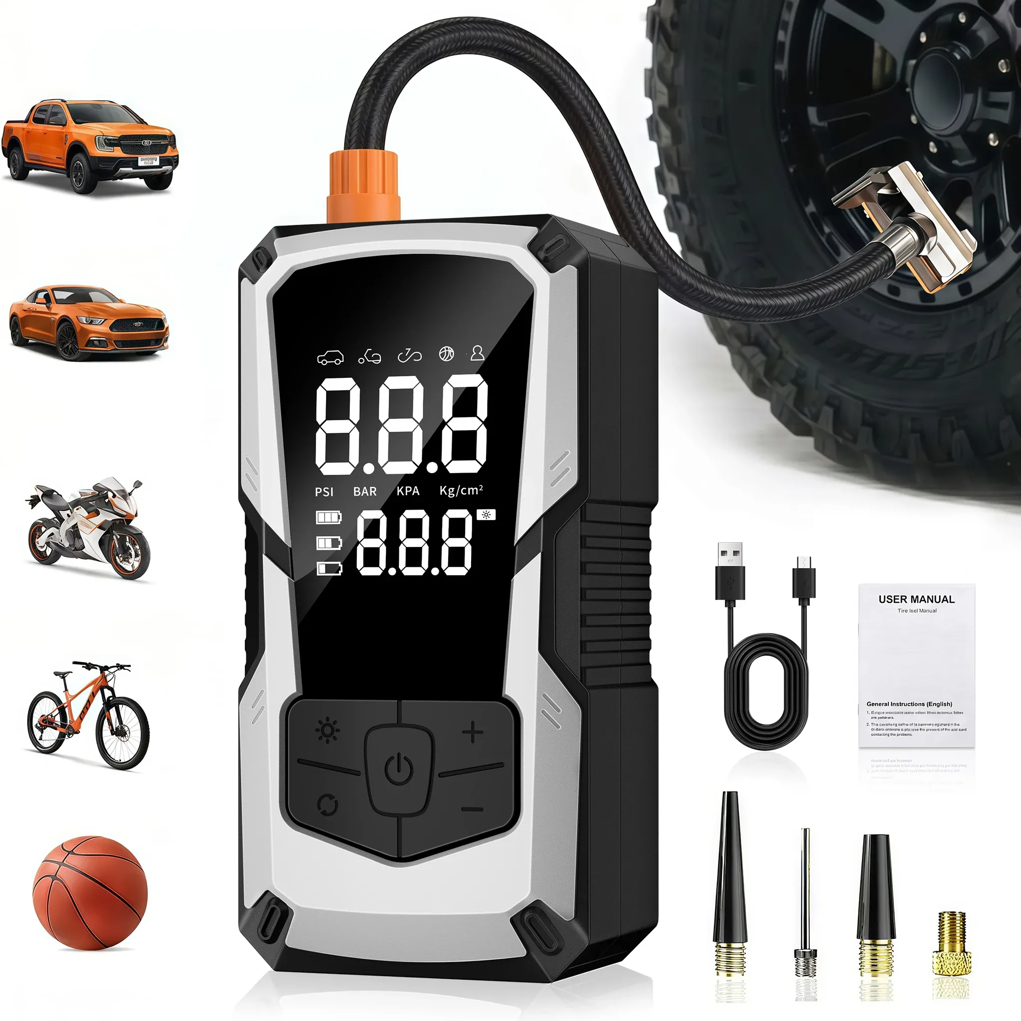 Compresseur d'air portable sans fil 150 PSI avec manomètre numérique, gonfleur de pneus pour voiture, moto et vélo 10