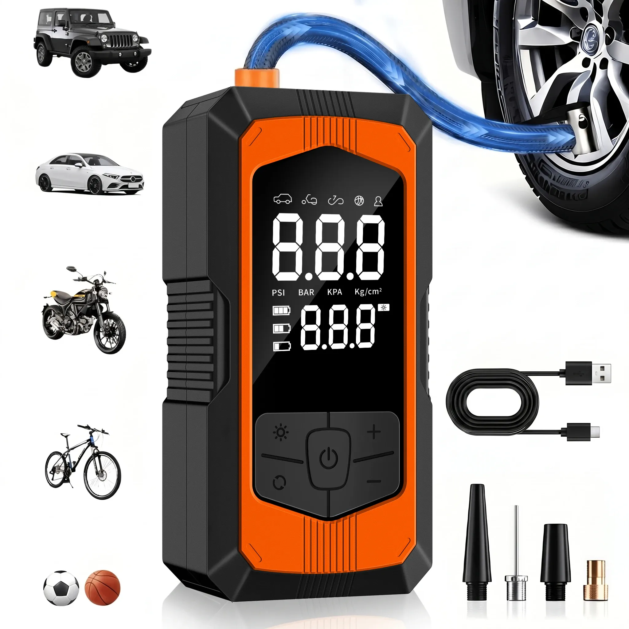 Compresseur d'air portable sans fil 150 PSI avec manomètre numérique, gonfleur de pneus pour voiture, moto et vélo 11