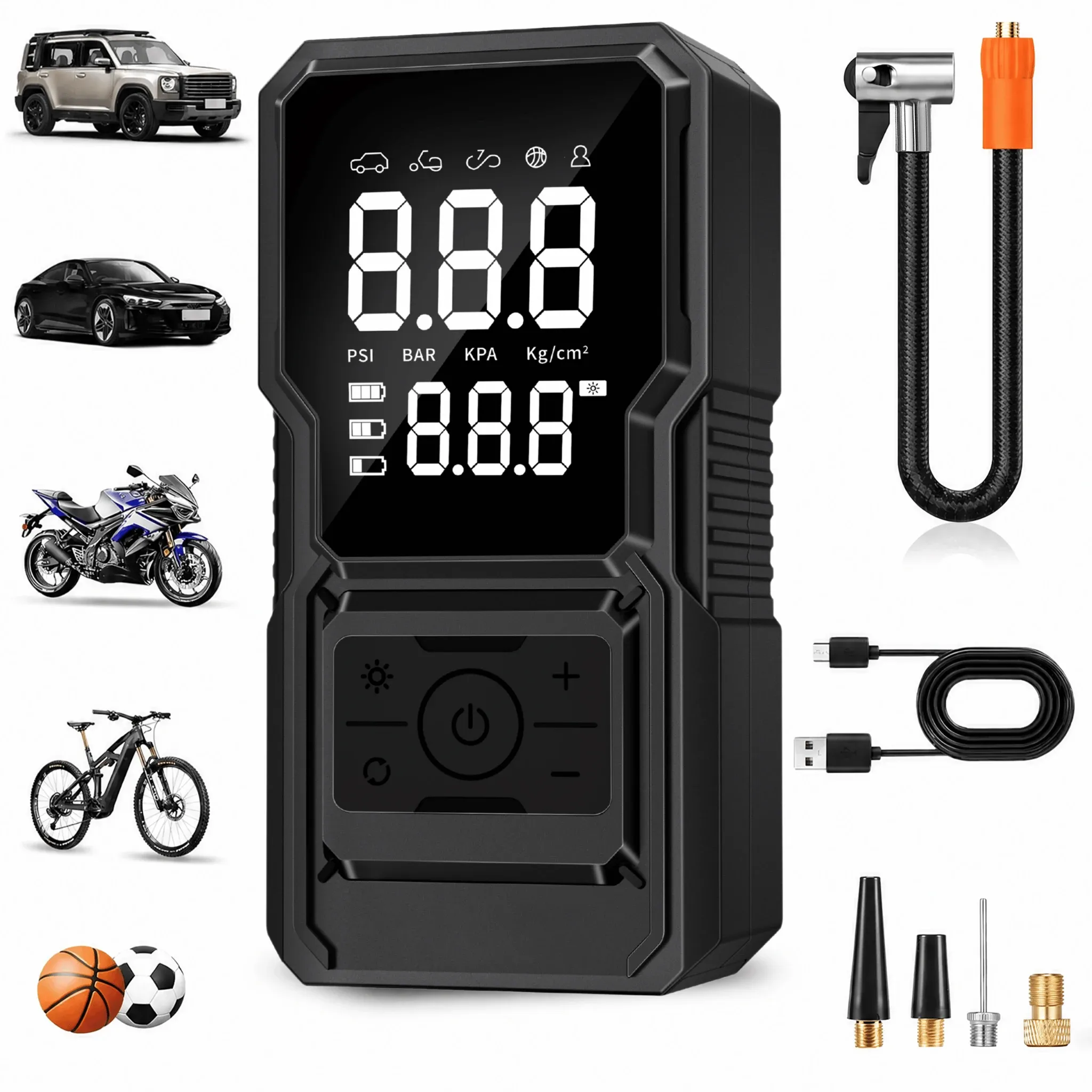 Compresseur d'air portable sans fil 150 PSI avec manomètre numérique, gonfleur de pneus pour voiture, moto et vélo 9