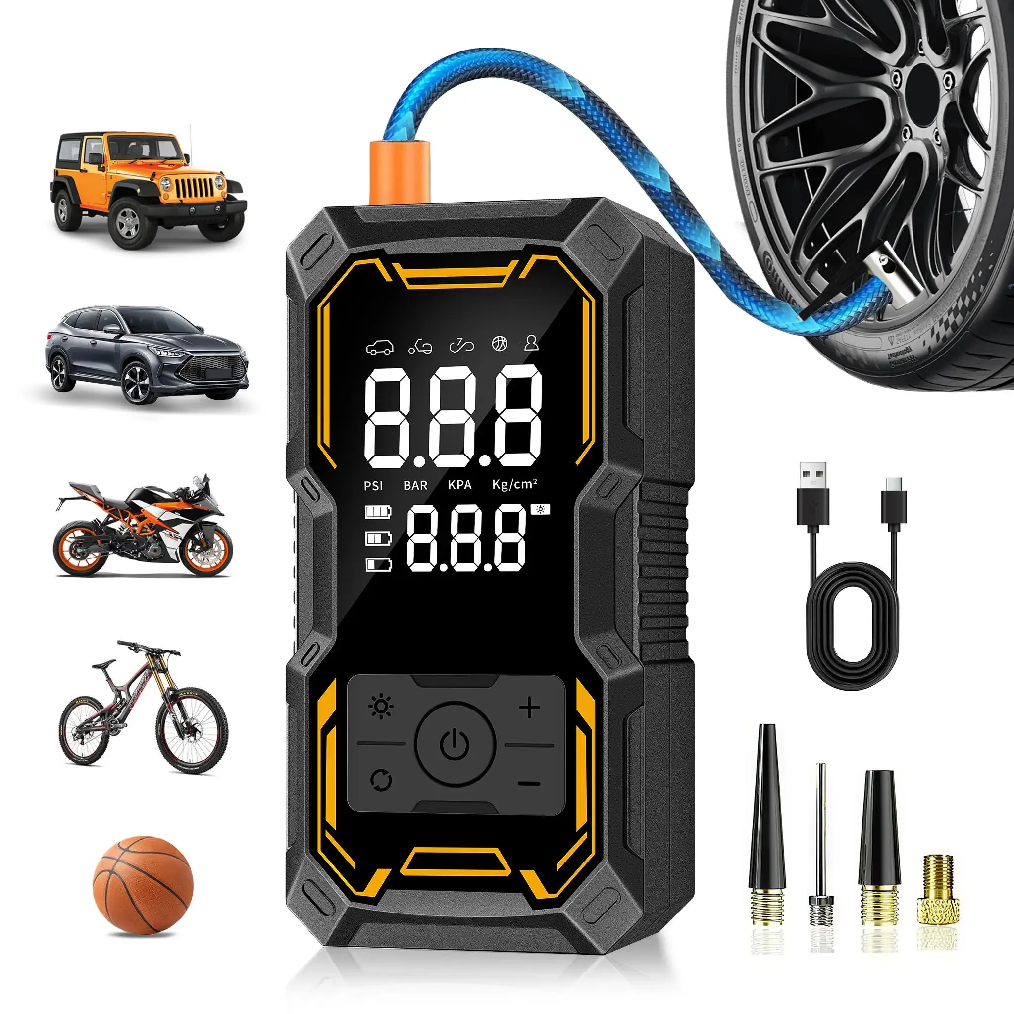 Compresseur d'air portable sans fil 150 PSI avec manomètre numérique, gonfleur de pneus pour voiture, moto et vélo 7