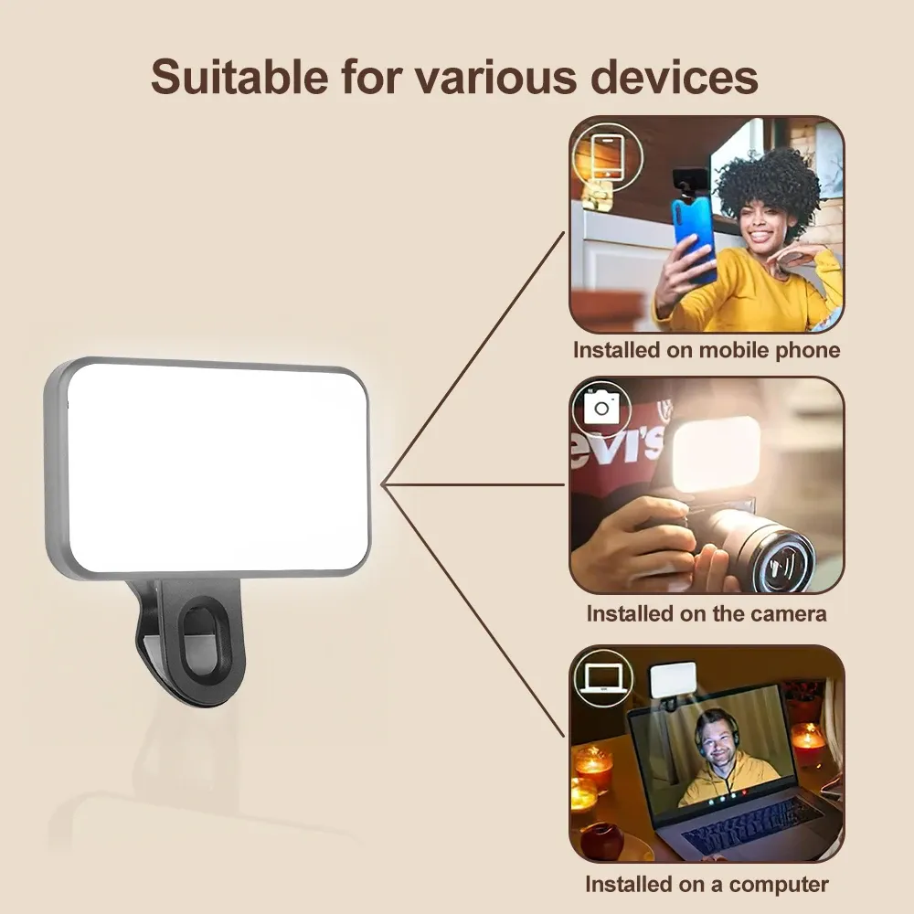 Mini lampe de remplissage pour selfie, rechargeable, 3 modes d'intensité réglables, portable, pour téléphone portable et ordinateur 6
