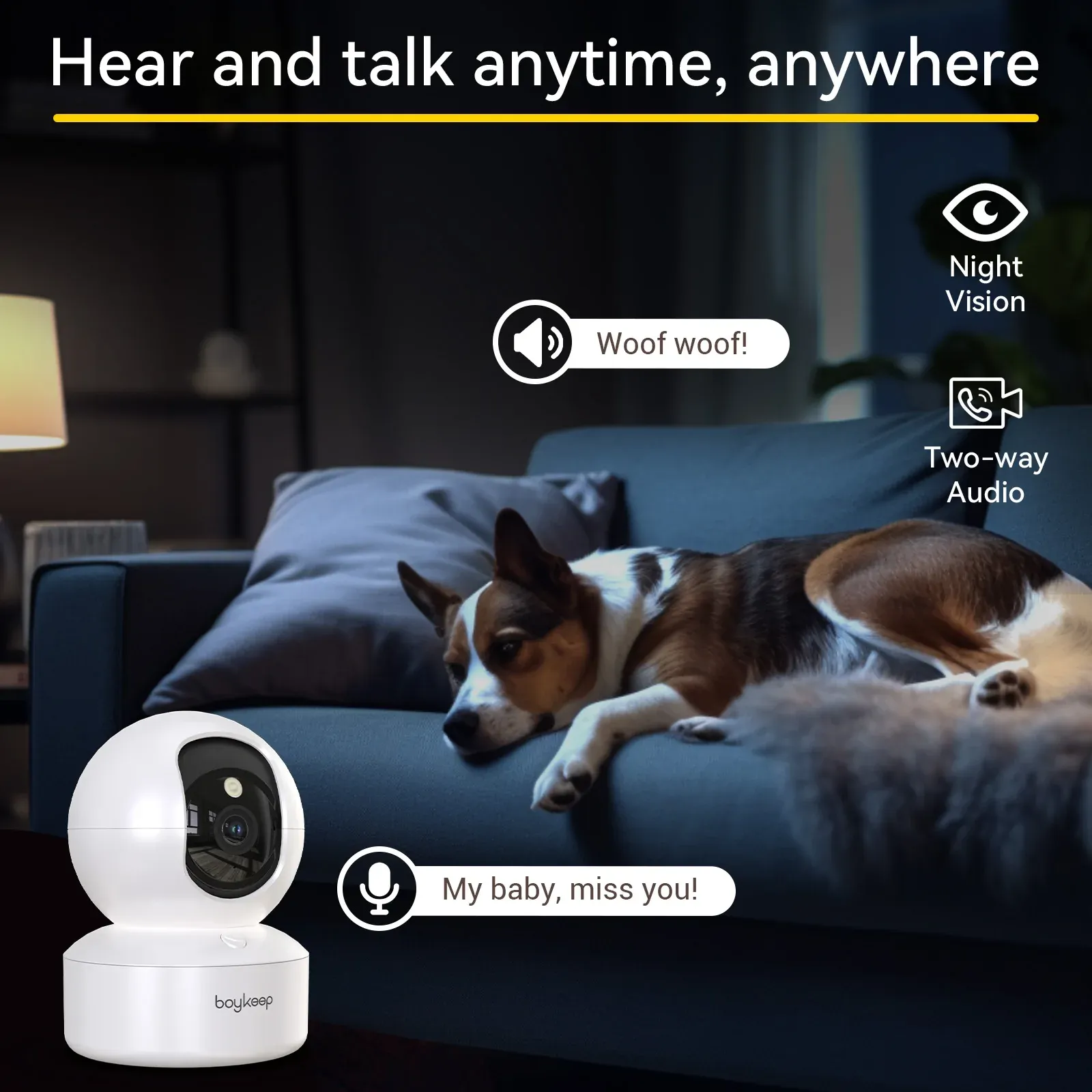 Caméra pour chien Boykeep 2K avec application mobile, caméra de sécurité intérieure Wi-Fi 5 GHz/2,4 GHz pour bébé, rotation et inclinaison à 360°, audio bidirectionnel, vision nocturne 3