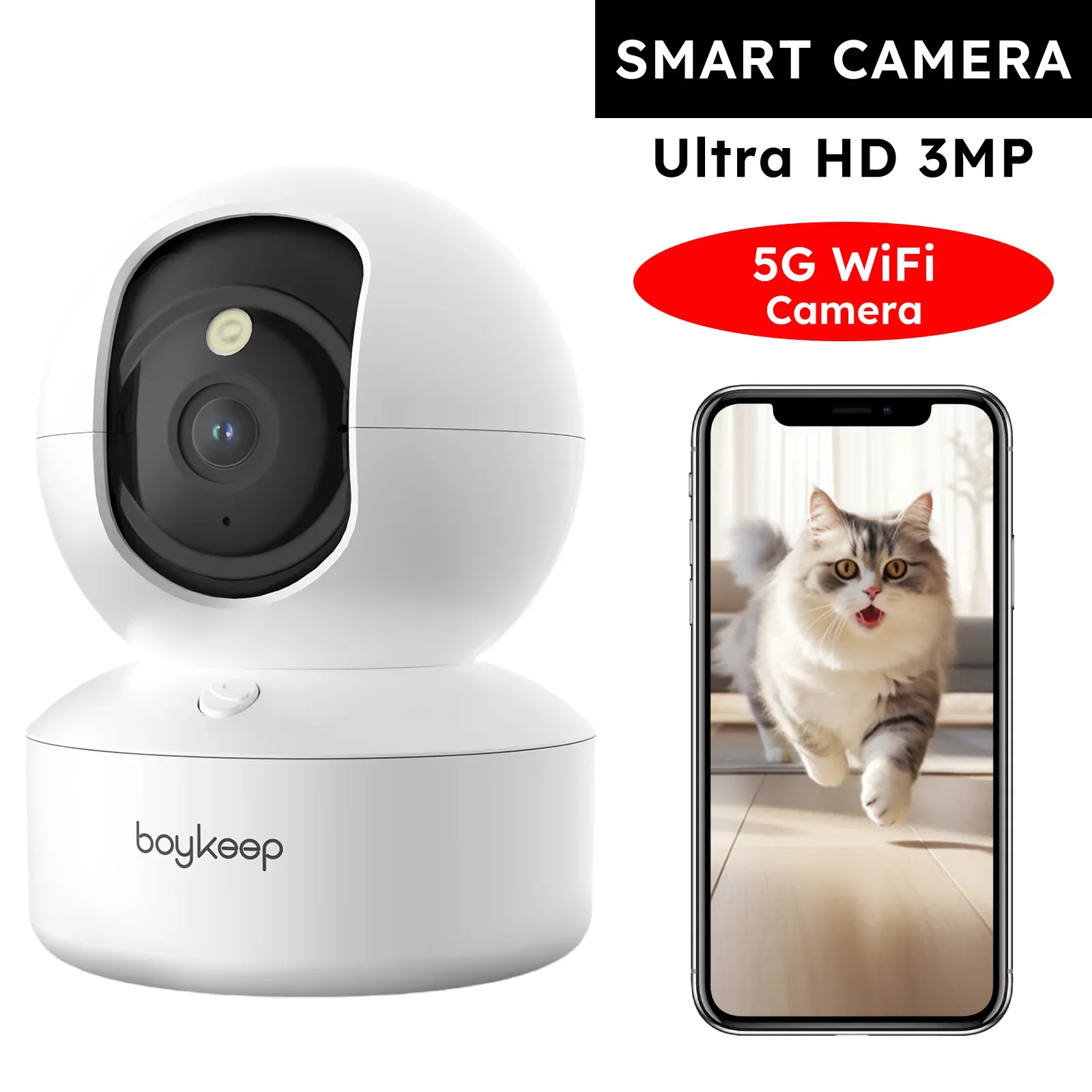 Caméra pour chien Boykeep 2K avec application mobile, caméra de sécurité intérieure Wi-Fi 5 GHz/2,4 GHz pour bébé, rotation et inclinaison à 360°, audio bidirectionnel, vision nocturne - Image 1