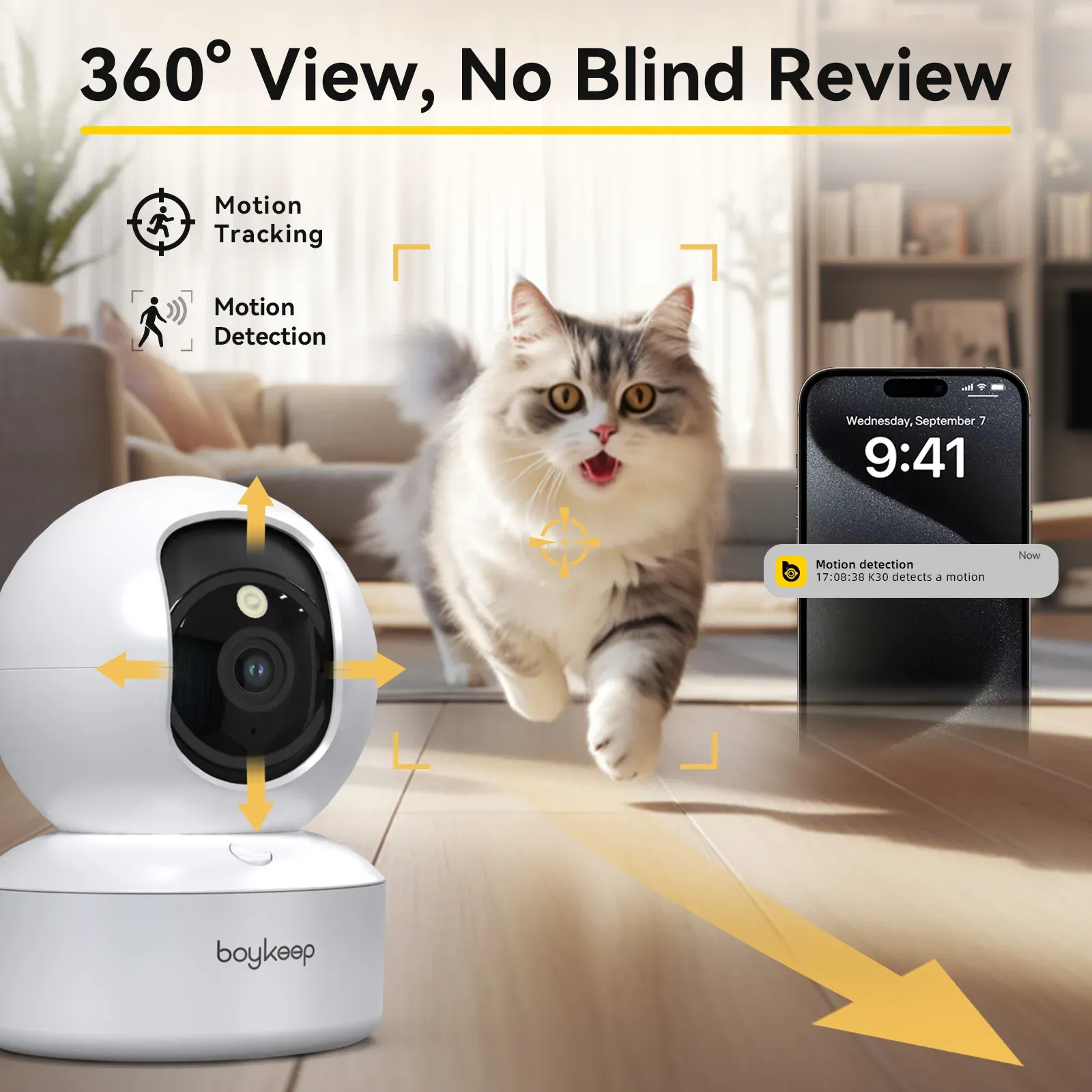Caméra pour chien Boykeep 2K avec application mobile, caméra de sécurité intérieure Wi-Fi 5 GHz/2,4 GHz pour bébé, rotation et inclinaison à 360°, audio bidirectionnel, vision nocturne 4